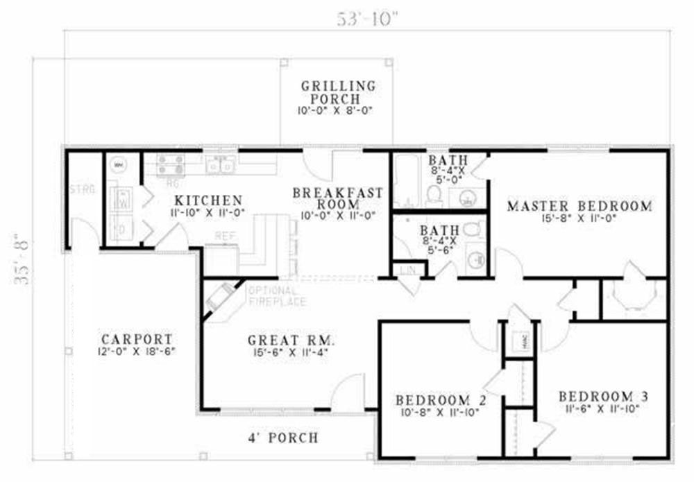 Floor Plan Main Level of Country Plan #153-1154